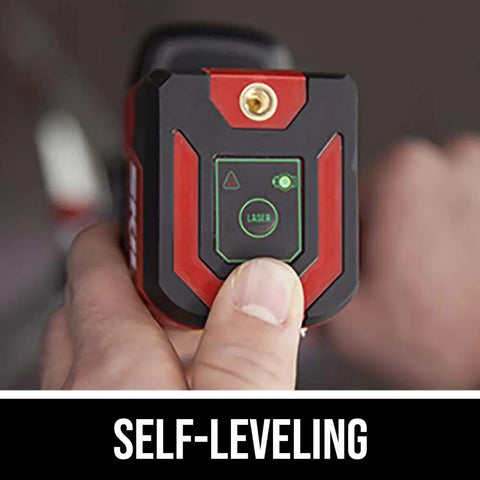 Self Leveling Green Cross Line Laser With Projected Measuring Marks For Quick Precise Layouts Up To 65 Feet A Handy DIY And Pro Tool Red Black LL932401 being held