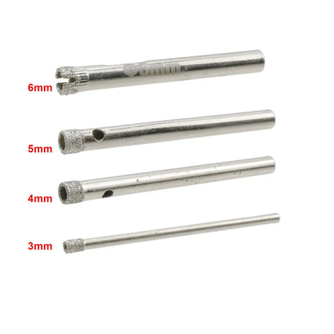 Heavy Duty Mini Hole Saw Kit Featuring Diamond Dust Coated Drill Bits For Glass Marble Masonry Cutting Top Shelf Industrial Carbon Steel Body 6mm, 5mm, 4mm, 3mm bits.