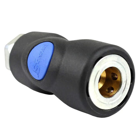 Three Pack 1/4 Inch FNPT Air Plug Couplers With Quick Release Non Marring Composite Body Impact Resistant For Safer Faster Air Tool And Compressor Connections.