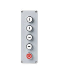 ZUC metal push-button control panel with four white arrow buttons and a red emergency stop on a gray plate