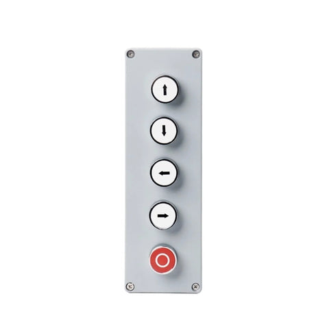 Front view of a gray metal push-button control panel with four arrow buttons and a red stop button.