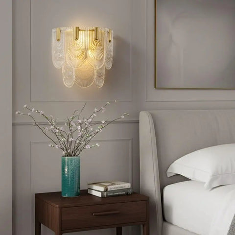 Wall Sconce Lights Indoor Bedroom Hallway Modern Art,Gold Brass,Layered Clear Textured Shell Glass Shade,s,illuminating bedside.