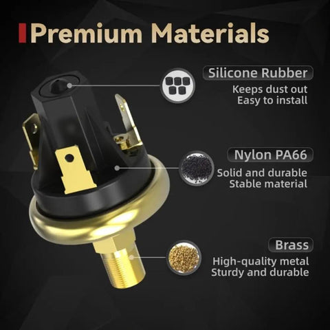 Adjustable Air Pressure Switch With 10 Psi Set Point Plus Minus 3 Psi, brass and silicone rubber components visible
