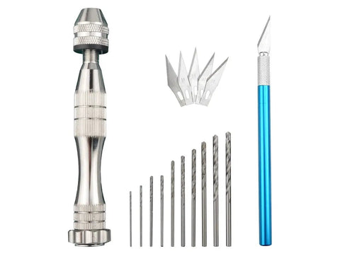 Pro 33 Piece Model Tools Kit For Gundam And Car Models, Hobby Craft Set displayed with drill, blades, and handle in metal and blue.