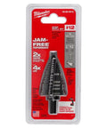 Front view of Milwaukee Beefy Step Bit Size 12 7/8 to 1-3/8 Inch for drills, ultra durable red tool for wood and metal cutting, made in USA.