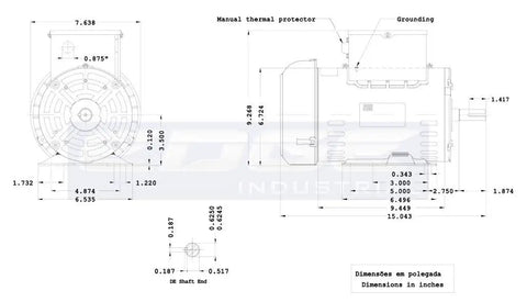 Technical diagram of Single Phase 5 HP 230V Electric Motor With 56H Frame And 5/8 Inch Shaft Delivers 3600 RPM for industrial use.