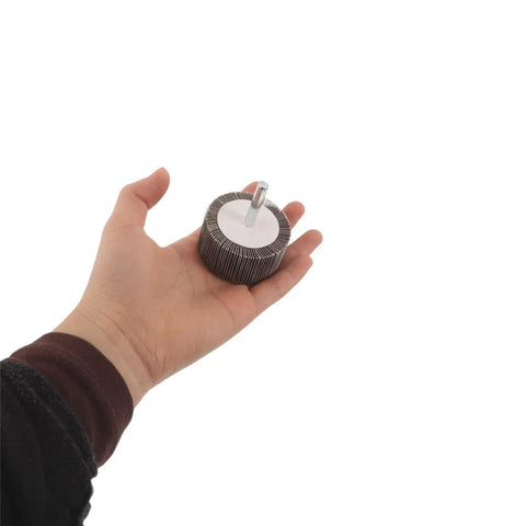 Top Tier 12-Piece Abrasive Wheel Set With Professional Flap Wheels, a hand holding a flap wheel for polishing metal.