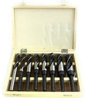 Hella Sharp 8 Piece Jumbo Wood Drill Bits Set With 1/2 Inch Shank Heat Treated Alloy Steel in a wooden carry case.