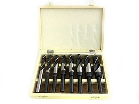 Hella Sharp 8 Piece Jumbo Wood Drill Bits Set With 1/2 Inch Shank Heat Treated Alloy Steel in a wooden carry case.