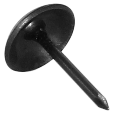 Top Shelf Black Upholstery Tacks Featuring A Vintage Antique Style 200 Count Pack Slick Metal Thumb Nails close-up view of black smooth thumb nail.
