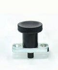Top Shelf Carbon Steel Indexing Plunger With Flange Lock And Rock Solid Spring Detent For Zero Wobble Alignment On 8 To 18 Millimeter Heavy Duty Workshop Projects, black and silver with round knob.