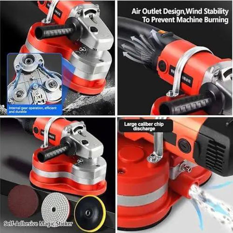 Heavy Duty Angle Grinder And Concrete Polisher With Six Speed Settings For Smooth Wall And Floor Finish, High Octane Dust Free Performance On Tough Cement And Hard Marble Surface close-up of internal gears and air outlet design.
