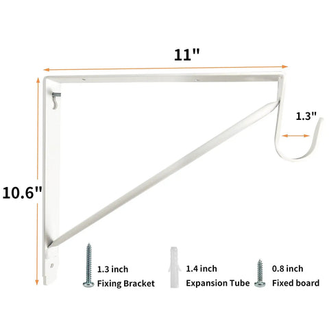 Single white bracket with measurements from Four Pack White Heavy Duty Closet Rod Brackets And Shelf Supports Great For Wardrobe Storage.