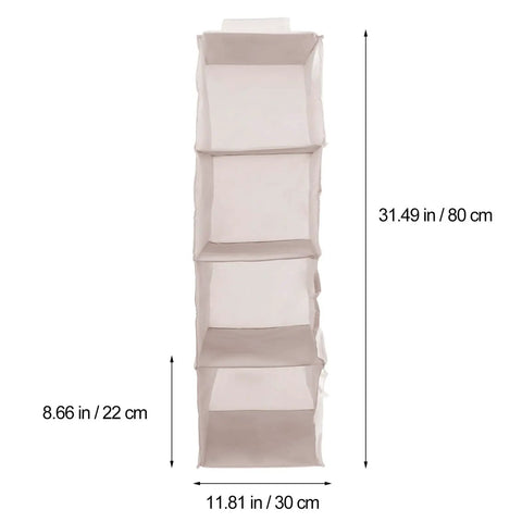 Four Tier Hanging Closet Storage Bag With Thick Oxford Fabric Drop Dead Durable Foldable Door Organizer Heavy Duty Wardrobe Rack Big Time Space Saver For Any Room showing dimensions and storage pockets.
