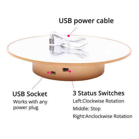 Heavy Duty 360 Degree Motorized Rotating Display Stand Turntable For Mannequin Heads And Wigs USB socket and control switches visible.