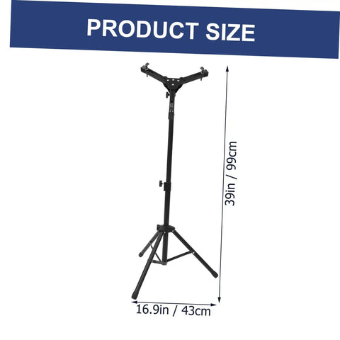 Flat Out Killer Heavy Duty Alloy Drum Rack Featuring A Folding Snare Stand And Fully Adjustable Tripod Shelf Built Tough For Practice Or Home Studio Jams In Sleek Matte Black side view showcasing size dimensions for tripod and rack height.