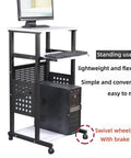 Smooth Rolling 3 Tier Standing Desk With Pull Out Keyboard Tray And Heavy Duty Steel Frame Built Tough For Your Ultimate Home Office Workspace Or Portable Printer Cart with black frame and pull out tray.