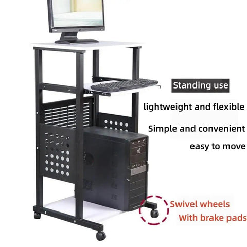 Smooth Rolling 3 Tier Standing Desk With Pull Out Keyboard Tray And Heavy Duty Steel Frame Built Tough For Your Ultimate Home Office Workspace Or Portable Printer Cart with black frame and pull out tray.