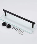 Space Saving 16 Inch Glass Shower Shelf With Towel Bar Floating Wall Mount Tempered Glass Matte Black Finish SUS304 Stainless Steel Bathroom Organizer For Soap Shampoo And More with mounting hardware