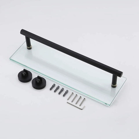 Space Saving 16 Inch Glass Shower Shelf With Towel Bar Floating Wall Mount Tempered Glass Matte Black Finish SUS304 Stainless Steel Bathroom Organizer For Soap Shampoo And More with mounting hardware