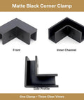 Matte Black 90 Degree Shower Glass Corner Clamp For Frameless Panels Fits 3/8 To 1/2 Thick Glass showing front, inner channel, and side profile.
