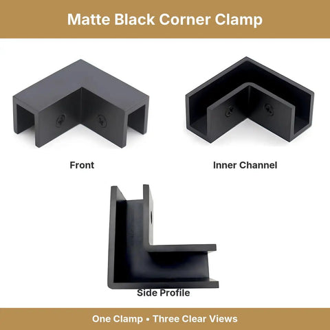 Matte Black 90 Degree Shower Glass Corner Clamp For Frameless Panels Fits 3/8 To 1/2 Thick Glass showing front, inner channel, and side profile.