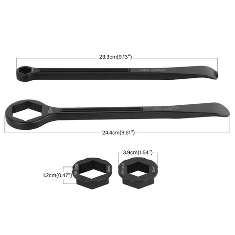 Heavy Duty All In One Motorcycle Tire Change Kit with 10 mm 13 mm 22 mm 27 mm and 32 mm hex wrench heads, tire iron levers, spoon tool