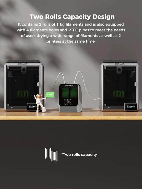 Two 3D printers with upgraded Space Pi Filament Dryer Plus Dual Roll Dry Box for two 3D printers with 360 degree hot air