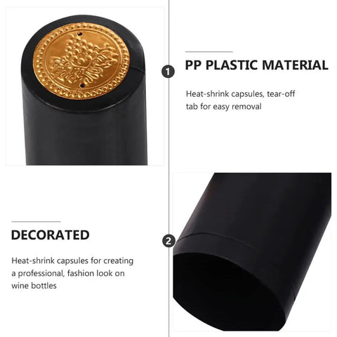 Sleek Black Wine Bottle Shrink Caps Engineered For Fast Heat Shrink Sealing Hella Durable Premium PVC Build close-up of black capsule with golden detail.