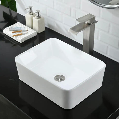 Vessel Sink With Faucet And Drain Combo 16x12 Inch Above Counter Porcelain Ceramic White Vanity Sink Rectangular Dope Sleek Modern Art Basin