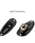 Badass Black Boat Style Guitar Output Jack Plate With A Smooth Quarter Inch Plug Made For Strat Cats Who Want A Heavy Duty Swap With Zero Headaches And Comes With Mounting Hardware For Quick Setup, showing two angles.