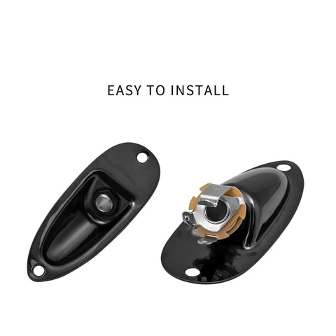 Badass Black Boat Style Guitar Output Jack Plate With A Smooth Quarter Inch Plug Made For Strat Cats Who Want A Heavy Duty Swap With Zero Headaches And Comes With Mounting Hardware For Quick Setup, showing two angles.