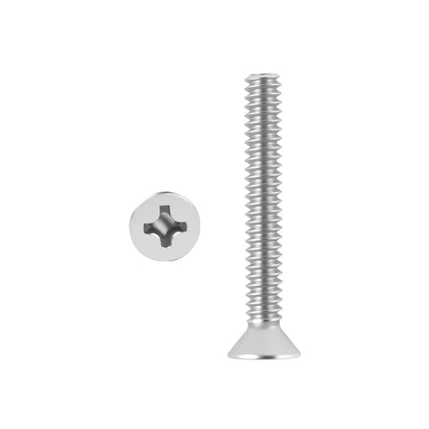 304 Stainless Steel Machine Screws 50 Piece Pack Of Standard 6-32 Thread By One Inch Extra Long Outlet Screws showing a long screw and a flat head.