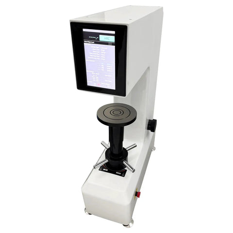 Knockout Precision Digital Rockwell Hardness Tester With Top Shelf Touch Screen LCD And No Sweat High Speed Thermal Printer Ready To Roll For Shop Tests side view showing LCD screen and testing surface.