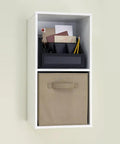 Cubeicals 2 Cube Storage Shelf Organizer in White Wood Finish, with fabric bin and items, wall mounted for versatile home office use