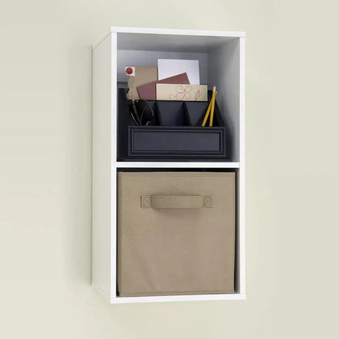 Cubeicals 2 Cube Storage Shelf Organizer in White Wood Finish, with fabric bin and items, wall mounted for versatile home office use