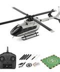 Brushless RC Helicopter With 6 Axis Gyro And Altitude Hold, One Key Takeoff Landing, 2.4GHz Flybarless 4 Channel Remote, Easy Peasy For Beginners Yet Thrills For Adults kit with remote, landing pad, and accessories.