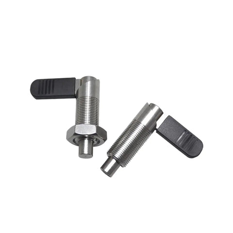 L Shape Indexing Plunger Pin With Spring Loaded Quick Release Knob two metal pins with black knobs for machinery setup