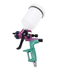 Straight Up Pro HVLP Spray Gun With Six Hundred Ml Cup And One Point Three Mm Nozzle For Dang Smooth Art Furniture Paint Projects And Zero Overspray Hassle Daily, side view of sprayer with cup.