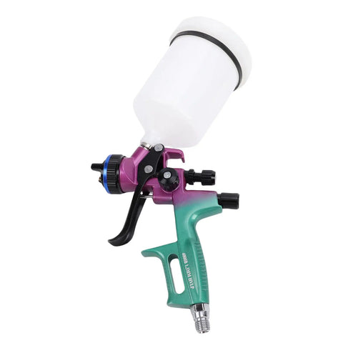 Straight Up Pro HVLP Spray Gun With Six Hundred Ml Cup And One Point Three Mm Nozzle For Dang Smooth Art Furniture Paint Projects And Zero Overspray Hassle Daily, side view of sprayer with cup.