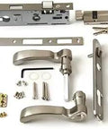 Old School Nickel Finish Storm Door Handle Assembly With FlipAway Inside And Outside Handles, Trim Plates, Lock Case, Kwikset Key Cylinder And Keys, Universal Fit For One And One Quarter Inch Thick Doors, Traditional Style, Manufactured After 2004