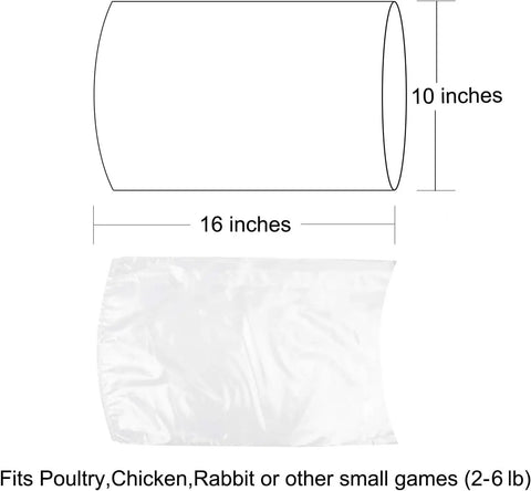 10x16 Inch Poultry Shrink Bags Pack Of 100 With Freezer Safe Heat Shrink For Chicken Includes 100 Zip Ties And All Natural Anti Caking Powder To Prevent Bag Sticking., clear 10x16 inch shrink bag shown with size guide for poultry