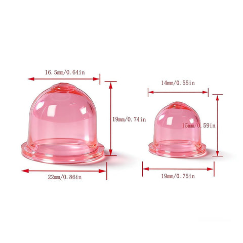 Echo Compatible Fuel Tube Hose Kit Four Sizes Two Feet Each For 2 Cycle Trimmer Chainsaw Lawn Mower Blower Engines Oil Gas Corrosion Resistant Tubing With Primer Bulbs 0057003 0057004 product dimensions showing two pink primer bulbs with labeled measurements.