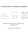 Technical drawing of a Heavy Duty Aluminum Glass Partition Clip Connector for Shelves and Cabinets, showing dimensions.