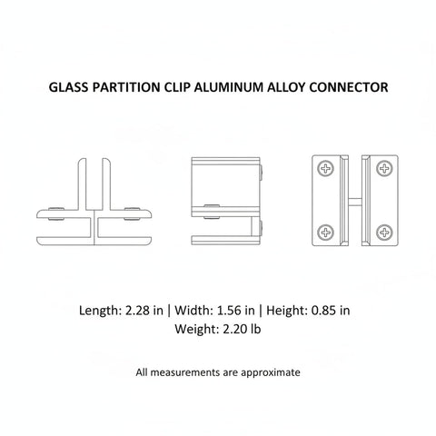 Technical drawing of a Heavy Duty Aluminum Glass Partition Clip Connector for Shelves and Cabinets, showing dimensions.