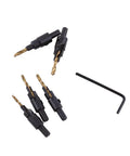 Premium HSS Coated Chamfer Drill Bit Set Packed With Five Countersink Assortments includes drill bits and hex key tool.
