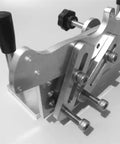 Hefty Aluminum Belt Sander Knife Jig Featuring Smooth Adjustable Angle Grinding Guide detailed close-up showing screws and grip handles.