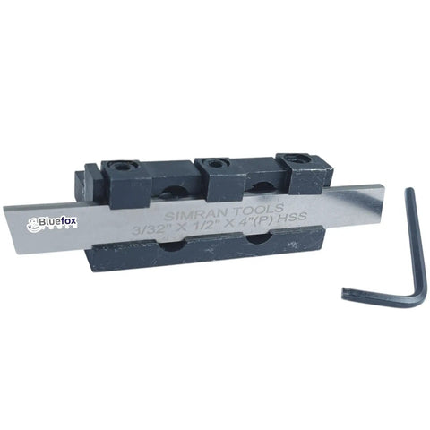Heavy Duty 8mm Adjustable Lathe Parting Cut Off Tool Holder With 3/32 Inch X 1/2 Inch HSS Blade For Mini Bench Lathes displayed with blade and wrench.