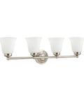 Four Light Bathroom Vanity Light With Satin Nickel Finish And Frosted Glass Shades, 30.5 Inch Wide, 6 Inch High, 8.25 Inch Deep