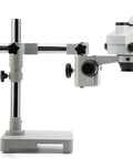 7X-45X Trinocular Stereo Microscope With Wide Field 10X Eyepieces And 0.7X-4.5X Zoom, Single Arm Boom Stand, And 56 LED Ring Light For Gemology Geeks And Electronics Repair Pros, Engraving, And Precise Surface Inspection. Side view on metal stand
